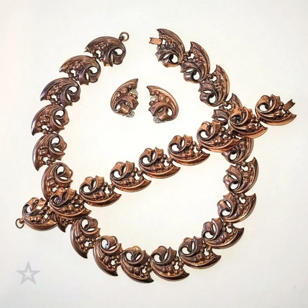 VINTAGE COPPER PARURE - NECKLACE, BRACELET, EARRINGS SET